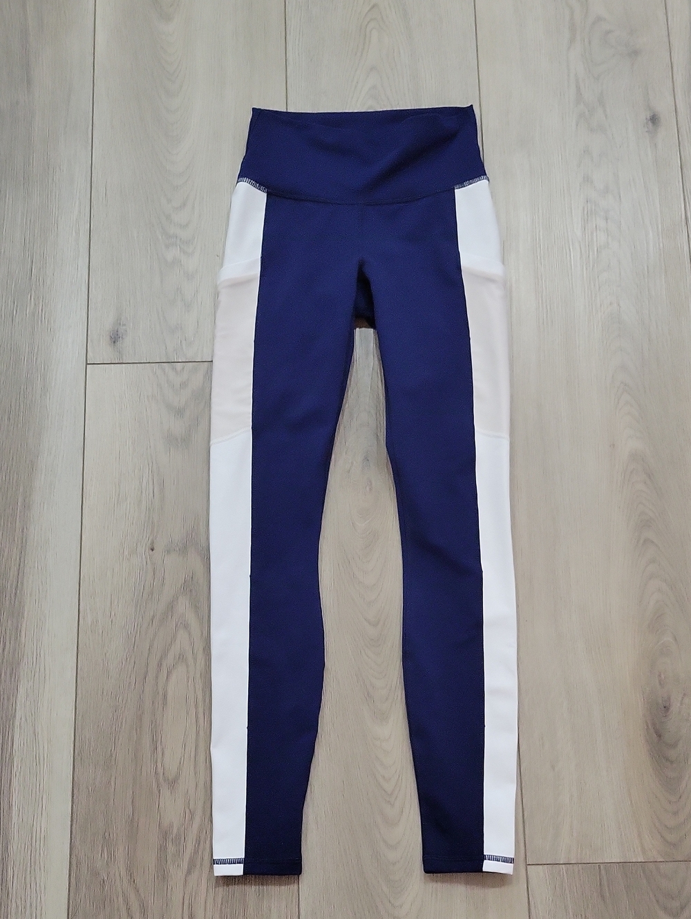 Fabletics Navy and White High-Rise Colorblock Leggings
